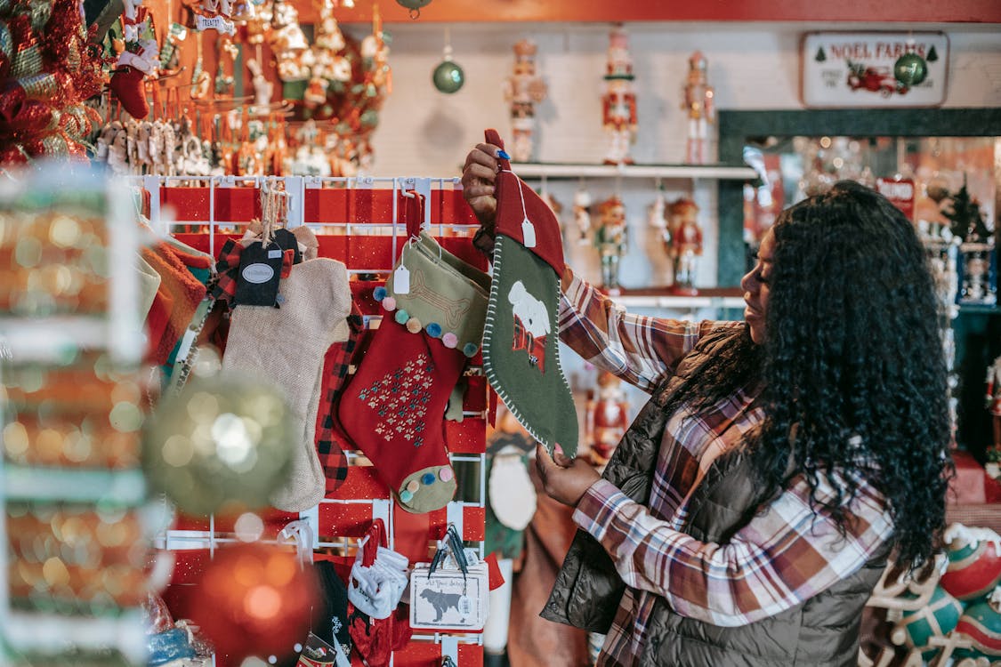 Woman enjoying winter holiday shopping in Livermore CA area.